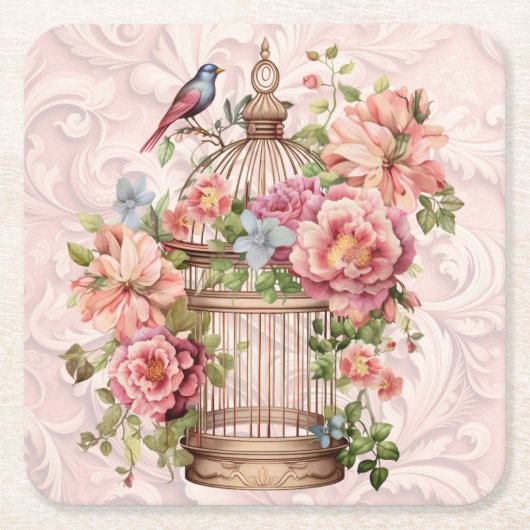 Romantische  Waterverf Floral Birdcage Kartonnen Onderzetters (Voorkant)