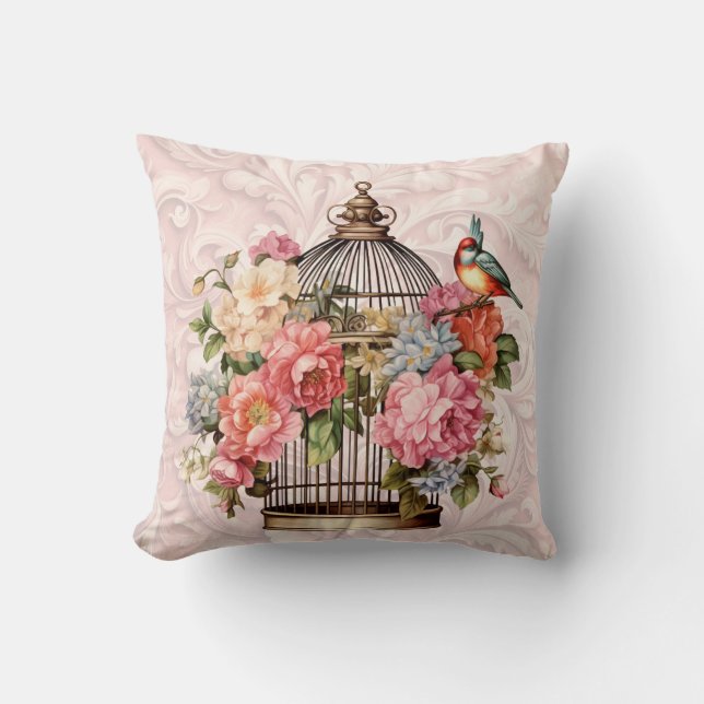 Romantische  Waterverf Floral Birdcage Kussen (Voorkant)