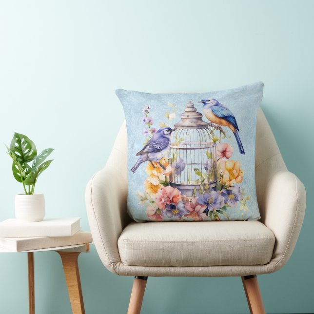 Romantische  Waterverf Floral Birdcage Kussen (Stoel)