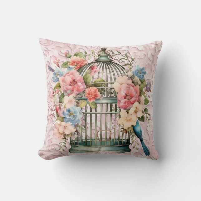 Romantische  Waterverf Floral Birdcage Kussen (Voorkant)