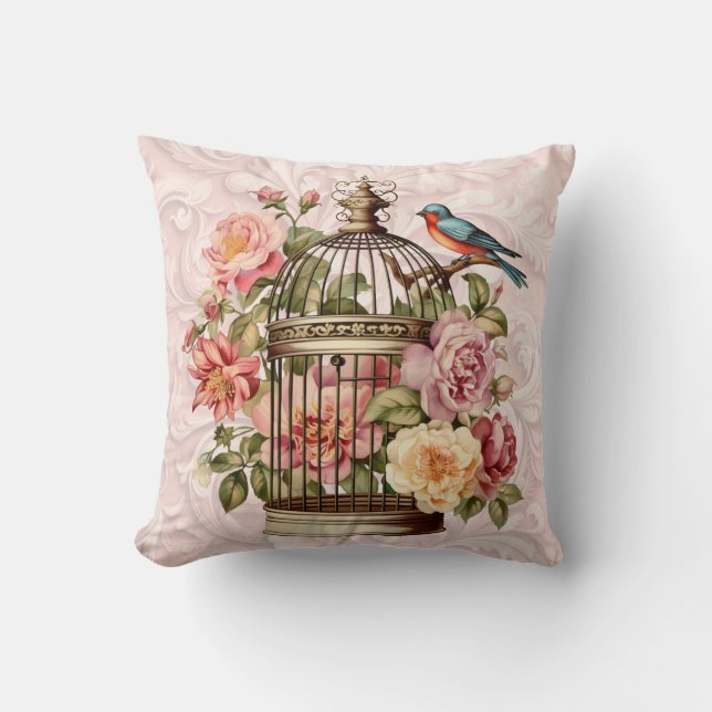 Romantische  Waterverf Floral Birdcage Kussen (Voorkant)
