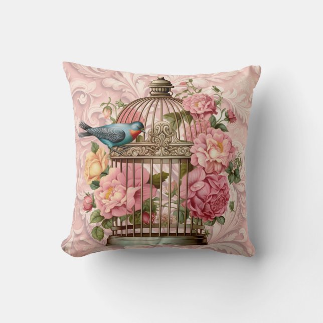 Romantische  Waterverf Floral Birdcage Kussen (Voorkant)