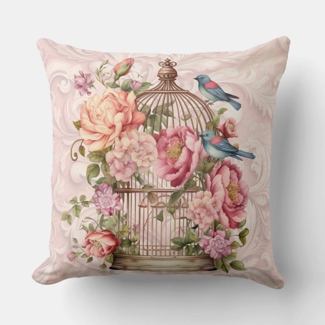 Romantische  Waterverf Floral Birdcage Kussen (Voorkant)
