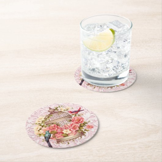 Romantische Waterverf Floral Birdcage Ronde Kartonnen Onderzetter (Insitu)