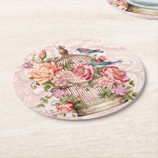 Romantische  Waterverf Floral Birdcage Ronde Kartonnen Onderzetter (Gebogen)