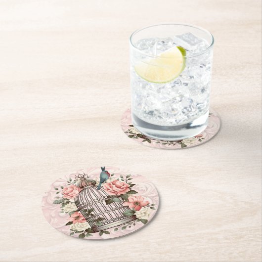 Romantische  Waterverf Floral Birdcage Ronde Kartonnen Onderzetter (Insitu)
