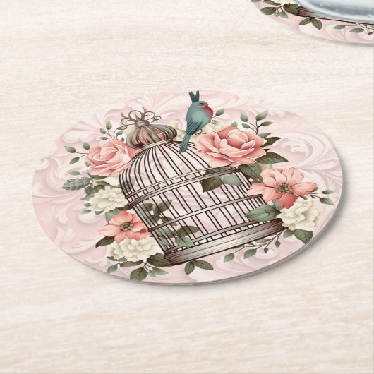 Romantische  Waterverf Floral Birdcage Ronde Kartonnen Onderzetter (Gebogen)