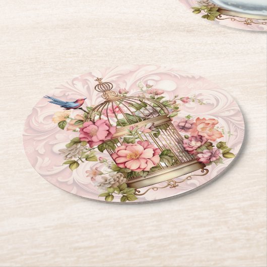 Romantische  Waterverf Floral Birdcage Ronde Kartonnen Onderzetter (Gebogen)