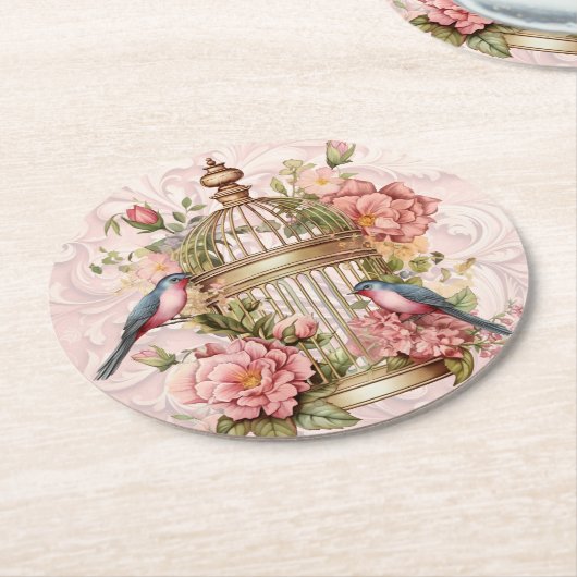 Romantische  Waterverf Floral Birdcage Ronde Kartonnen Onderzetter (Gebogen)