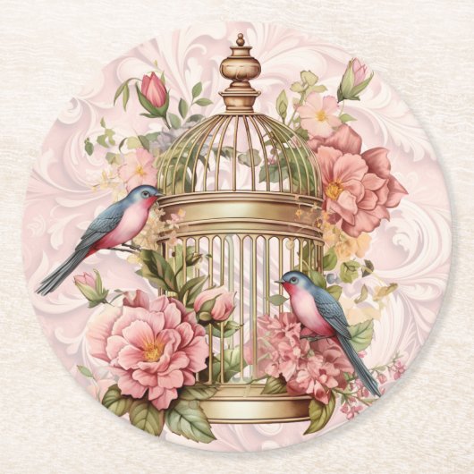 Romantische  Waterverf Floral Birdcage Ronde Kartonnen Onderzetter (Voorkant)
