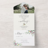 Romantische Waterverf Floral Greenery Wedding All In One Uitnodiging (Binnen)