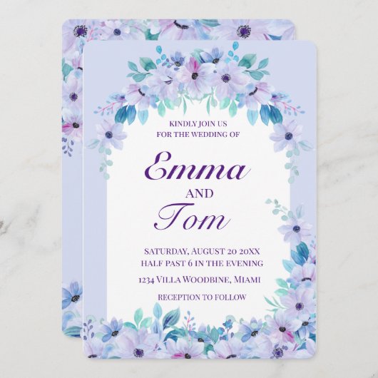 Romantische Waterverf Floral Paarse Uitnodiging (Voorkant / Achterkant)