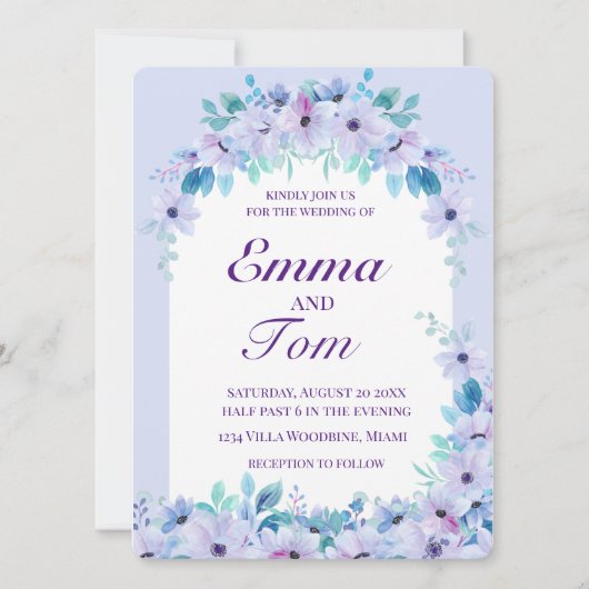 Romantische Waterverf Floral Paarse Uitnodiging (Voorkant)