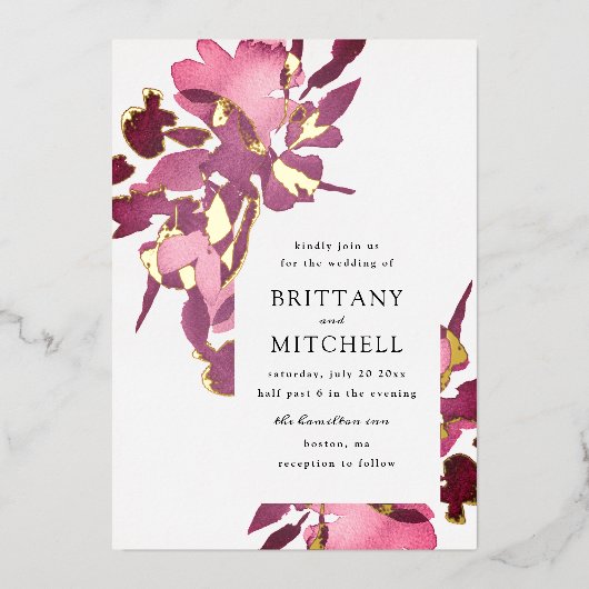 Romantische Waterverf Floral Plum Gold Folie Uitnodiging (Voorkant)