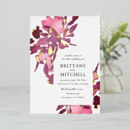 Romantische Waterverf Floral Plum Gold Folie Uitnodiging (Staand Voorkant)