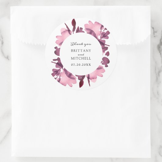 Romantische Waterverf Floral Plum Wedding Favor Ronde Sticker (Tas)
