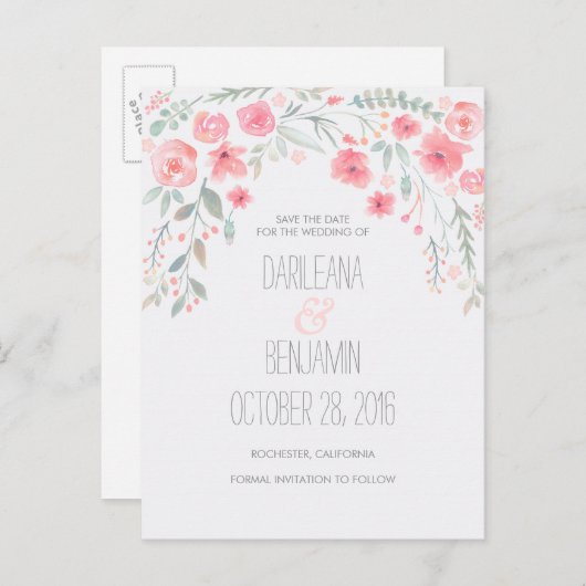 Romantische Waterverf Floral Save The Date Aankondigingskaart (Voorkant / Achterkant)