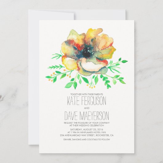 Romantische Waterverf Floral Summer Wedding Invite Kaart (Voorkant)