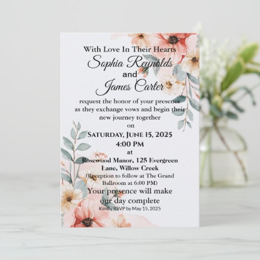 Romantische Waterverf Floral Wedding Kaart (Staand voorkant)