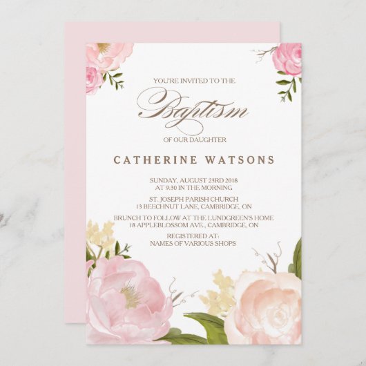 Romantische Waterverf Flowers Baptisme Invitation Kaart (Voorkant / Achterkant)