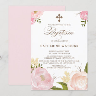Romantische Waterverf Flowers & Cross Baptisme Kaart