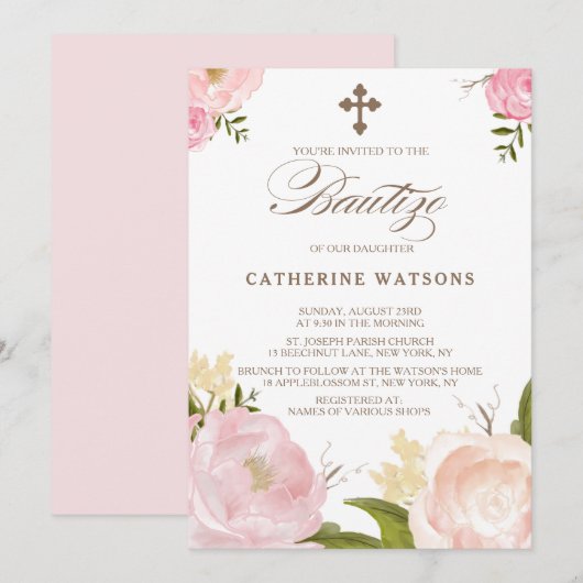 Romantische Waterverf Flowers & Cross Bautizo Kaart (Voorkant / Achterkant)