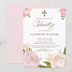 Romantische Waterverf Flowers & Cross Bautizo Kaart