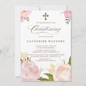 Romantische Waterverf Flowers & Cross Christening Kaart (Voorkant)