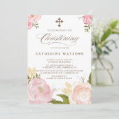 Romantische Waterverf Flowers & Cross Christening Kaart (Staand voorkant)