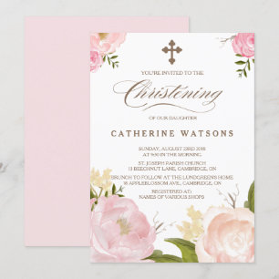 Romantische Waterverf Flowers & Cross Christening Kaart