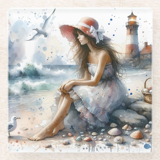 Romantische Waterverf Girl beroemd gemaakt door Li Glazen Onderzetter (Voorkant)