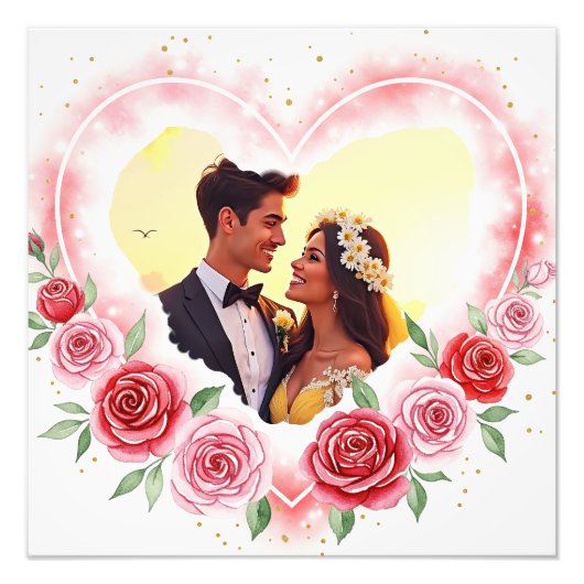 Romantische Waterverf Hart met Gouden Sparkles Foto Afdruk (Voorkant)