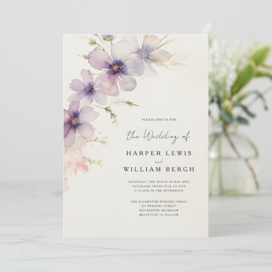 Romantische waterverf kosmos bloemen qr code bruil kaart (Staand voorkant)