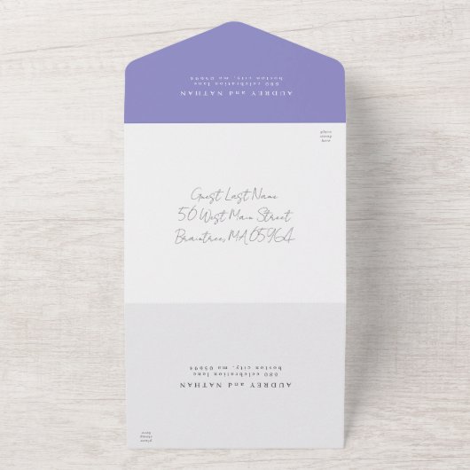 Romantische Waterverf Lavender Floral Wedding All In One Uitnodiging (Buitenkant)