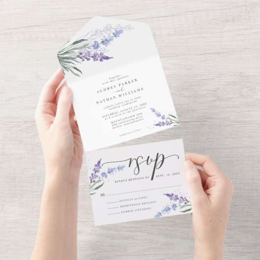 Romantische Waterverf Lavender Floral Wedding All In One Uitnodiging (Afscheurbaar)