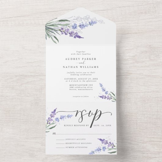 Romantische Waterverf Lavender Floral Wedding All In One Uitnodiging (Binnen)