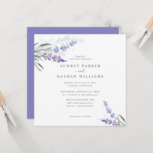 Romantische Waterverf Lavender Floral Wedding Kaart (Voorkant / Achterkant in situ)