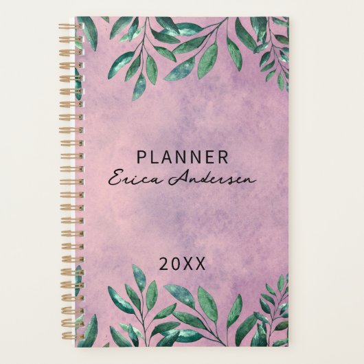 Romantische Waterverf Leafy Green Branches op roze Planner (Voorkant)