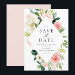 Romantische Waterverf Lente Bloomen Save The Date<br><div class="desc">Romantische Waterverf Lente Blooms sparen de Datum Kaart | Aankondiging van je trouwdatum aan familie en vrienden met deze floral save the date card. Het bevat afbeeldingen van de waterverf van witte en perzikkleurige rozen en pinda's met foliageaccenten. Deze elegant behalve de datum is perfect voor tuinbruiloften en lentendendingen. Overeenkomende...</div>