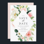 Romantische Waterverf Lente Bloomen Save The Date<br><div class="desc">Romantische Waterverf Lente Blooms sparen de Datum Kaart | Aankondiging van je trouwdatum aan familie en vrienden met deze floral save the date card. Het bevat afbeeldingen van de waterverf van witte en perzikkleurige rozen en pinda's met foliageaccenten. Deze elegant behalve de datum is perfect voor tuinbruiloften en lentendendingen. Overeenkomende...</div>