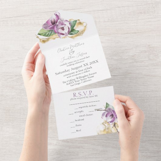 Romantische Waterverf Magnolia All In One Uitnodiging (Afscheurbaar)