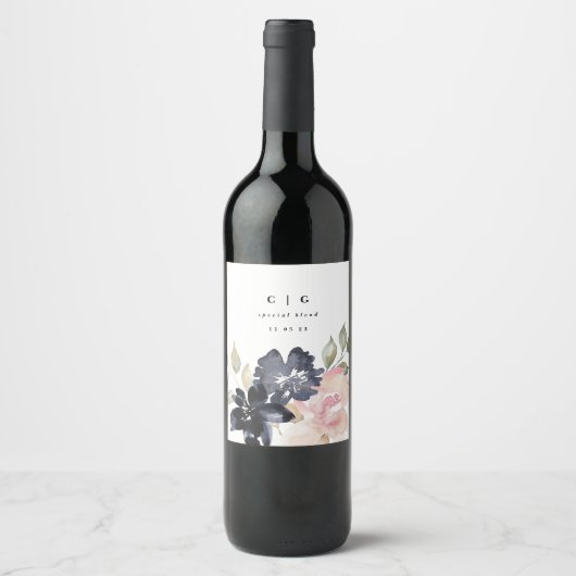 Romantische Waterverf marine Florals Wedding Bottl Wijn Etiket (Voorkant)