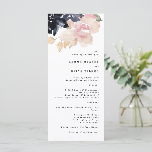 Romantische Waterverf marine Florals Wedding Cerem Programmakaart (Staand voorkant)