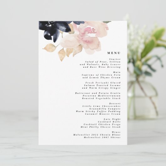 Romantische Waterverf marine Florals Wedding Menu (Staand voorkant)