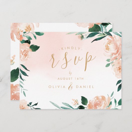Romantische waterverf met bloemen RSVP Briefkaart (Voorkant / Achterkant)