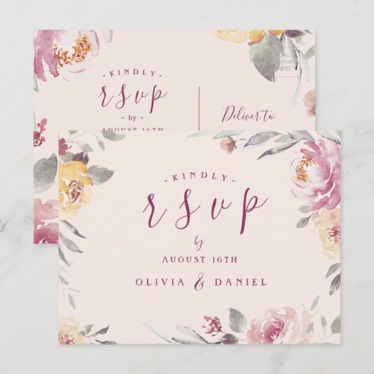 Romantische waterverf met bloemen RSVP Briefkaart (Voorkant / Achterkant)