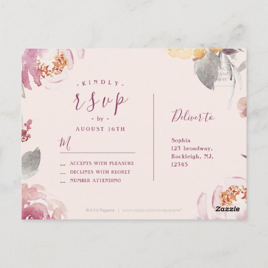 Romantische waterverf met bloemen RSVP Briefkaart (Achterkant)
