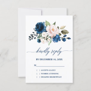 Romantische Waterverf Navy Blue Blush Roos Floral RSVP Kaartje