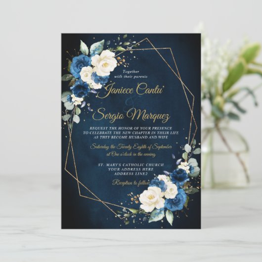 Romantische Waterverf Navy Ivory Floral Geometric Kaart (Staand voorkant)