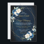 Romantische Waterverf Navy Ivory Floral Geometric Kaart<br><div class="desc">Donkerblauw-bruinbruinkoolfeest Uitnodiging met elegante bouquet van blauw,  koningsblauw,  wit,  goud,  champagne-ivoor,  zwarte kleur roos,  hydrangea,  ranunculus,  pony,  bloemknoppen en groene eucalyptusbladeren en elegante waterverf met ronde glitter geometrisch neutraal lijst. Neem contact met mij op voor hulp bij aanpassingen of als u een ander product nodig hebt met dit ontwerp.</div>